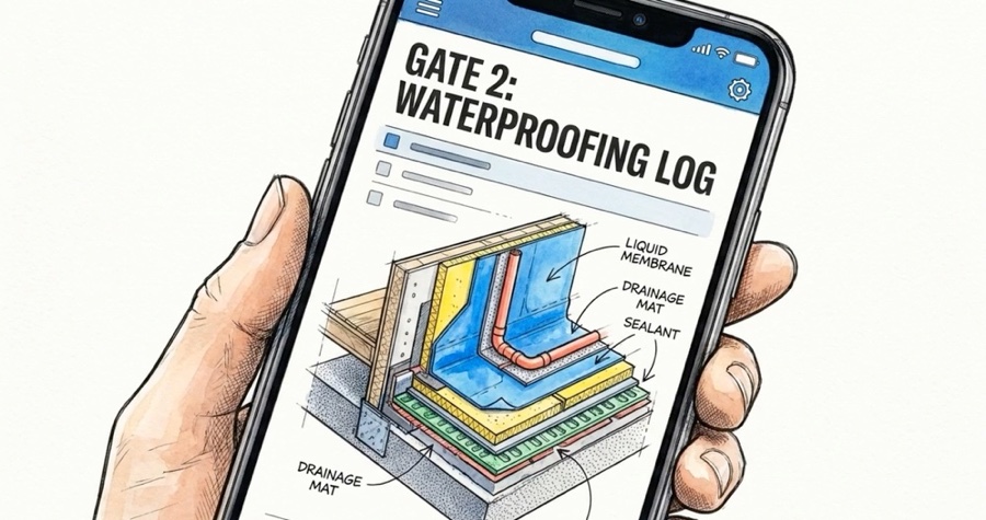 A phone showing a waterproofing log beside a cutaway of liquid membrane, drainage mat and waterstop layers.