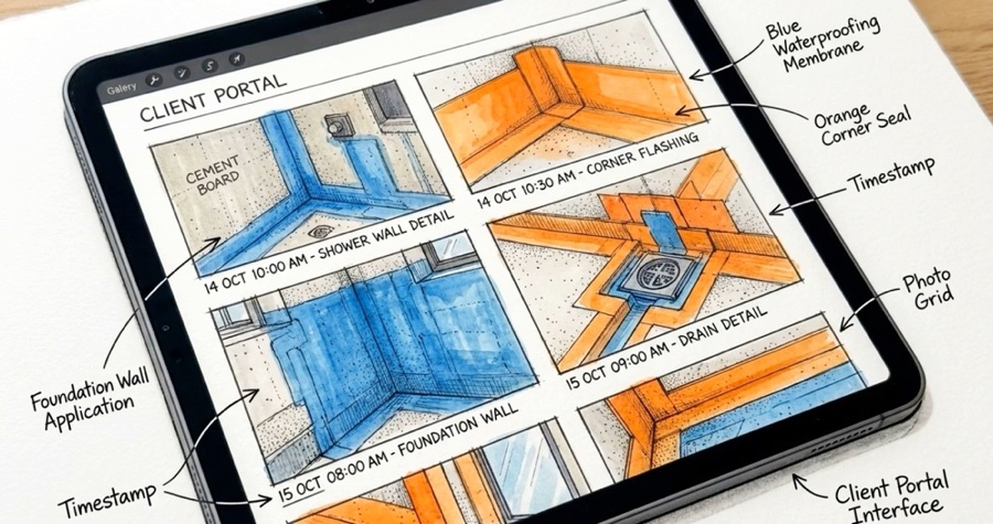 A tablet showing a client portal with date-stamped progress photographs of waterproofing work.