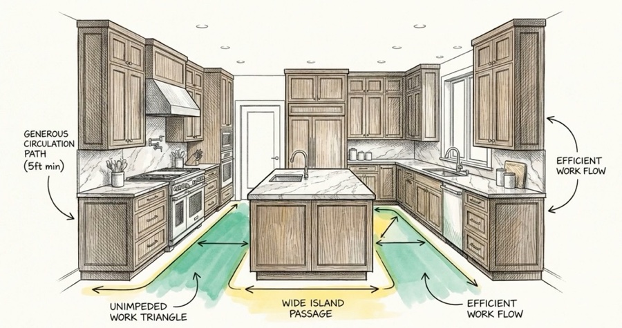Kitchen plan annotated with circulation clearances and the work triangle.