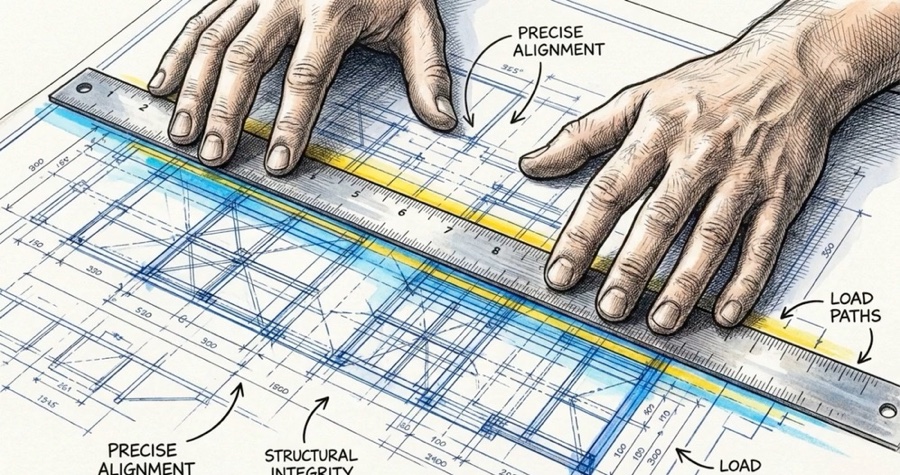 Hands squaring a rule across a marked-up floor plan, with load paths and structural integrity called out.
