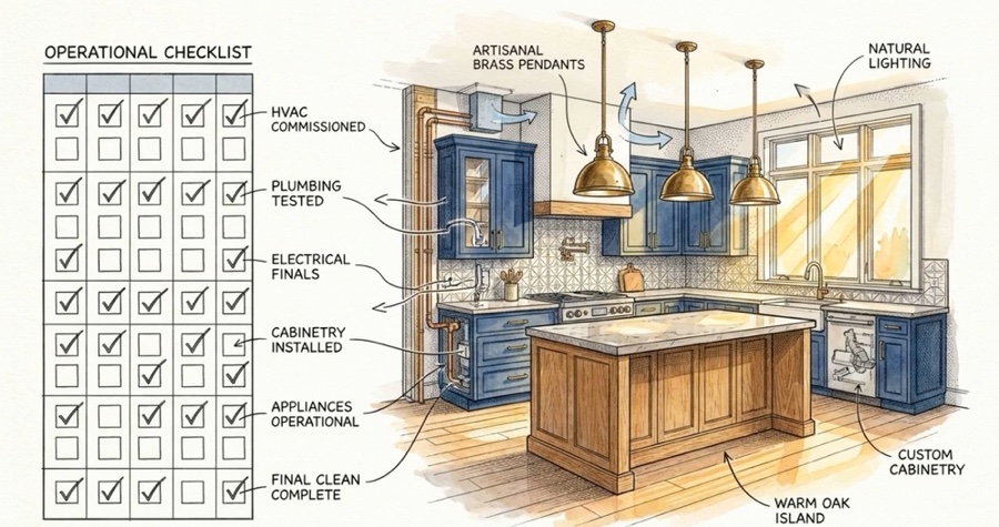 A finished kitchen beside an operational checklist marking HVAC, plumbing, electrical, cabinetry and final clean complete.