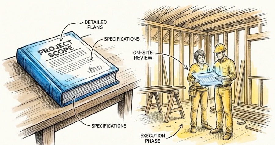 A bound project scope document beside two people reviewing drawings on site inside a framed space.