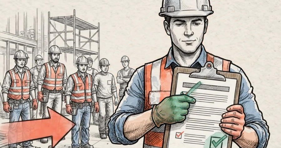 A site lead holding a signed-off checklist with a crew of trades behind him.