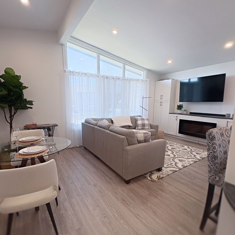 Lower-level lounge with a linear fireplace and vaulted ceiling